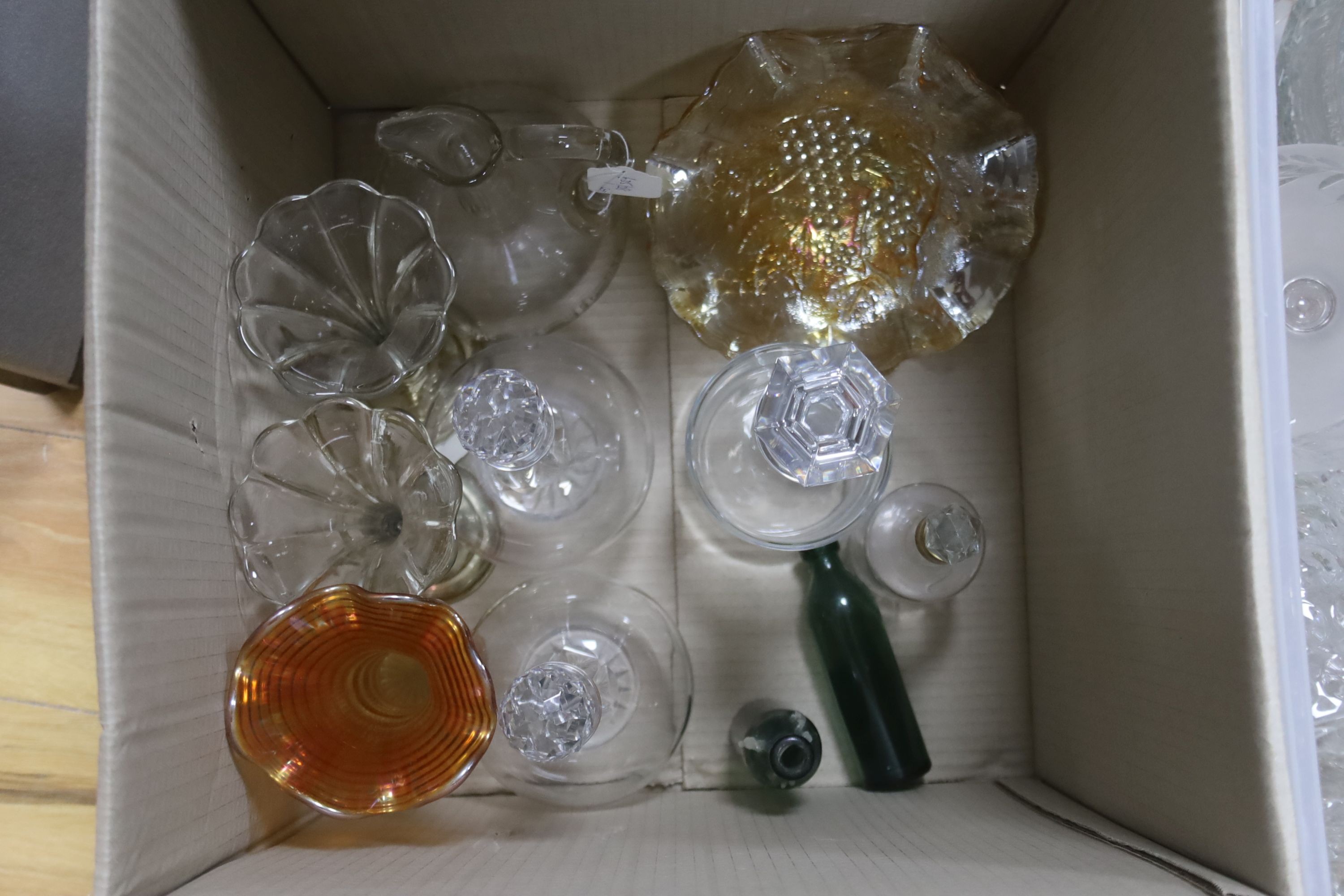 A collection of mixed glassware, to include specimen vases, dressing table set, decanters, etc.